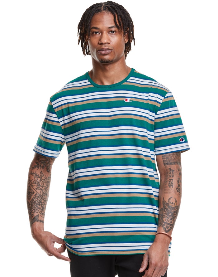 Champion Mens T-Shirt NZ - Yarn-Dye Stripe C Logo Green/White ( 4279-TCYJV )